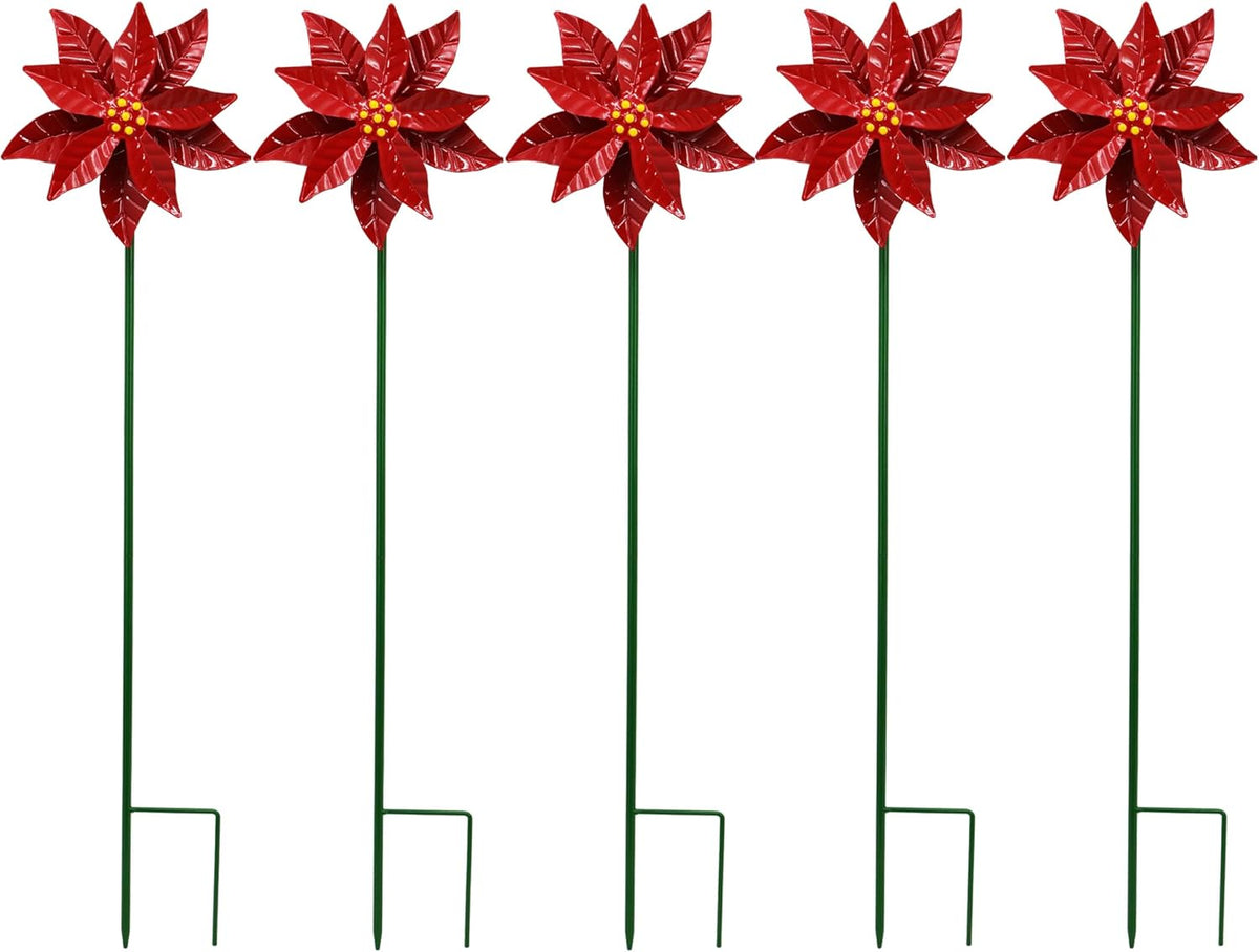 Metal Flower Wind Spinner Garden Lawn Stakes Yard Art, 27 Inch Poinsettia Windmill Iron Handicraft Lawn Decorations, 5 Pieces Christmas Star Stake Outside Garden Decorations for Metal Yard Art