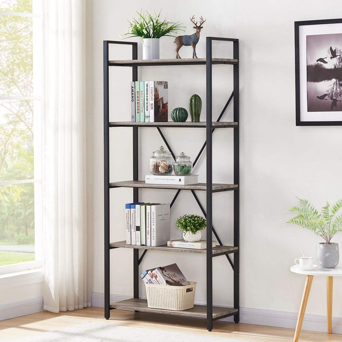 Industrial Bookshelf, Etagere Bookcases and Book Shelf 5 Tier Shelves, Grey Wood and Metal Shelving Unit (Dark Gray Oak)