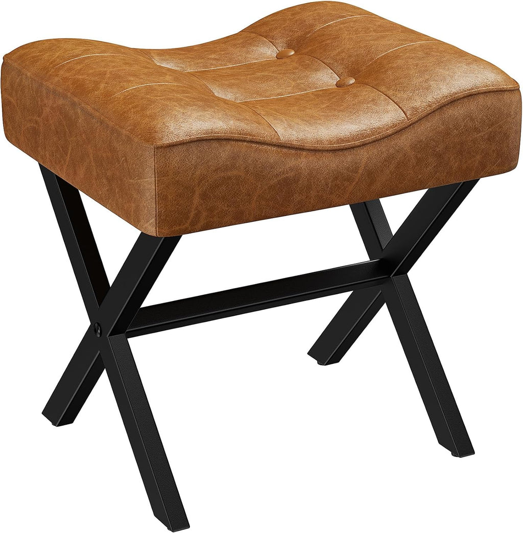 Memobarco 18-Inch Large Leather Vanity Stool, Vanity Chair with Metal X-Leg, Ottoman Accent Stool with Thick Padded Saddle Seat, Brown