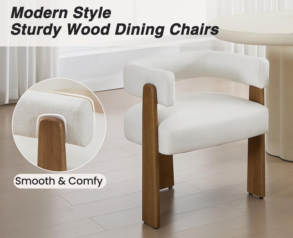 Shunzhi White Barrel Dining Chairs Set of 2 Modern Upholstered Dining Room Chairs with Arms/Open Back Farmhouse Wooden Linen Kitchen Chairs Comfy Accent Side Armchairs for Living Room