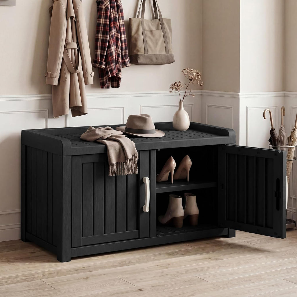 2-Tier Storage Bench, Waterproof UV-Resistant Outdoor Shoe Storage Cabinet ，Outdoor Shoe Rack with 2 Doors & Adjustable Shelves for Indoor Outdoor Entryway, Hallway, Living Room (Black)