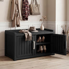 2-Tier Storage Bench, Waterproof UV-Resistant Outdoor Shoe Storage Cabinet ，Outdoor Shoe Rack with 2 Doors & Adjustable Shelves for Indoor Outdoor Entryway, Hallway, Living Room (Black)