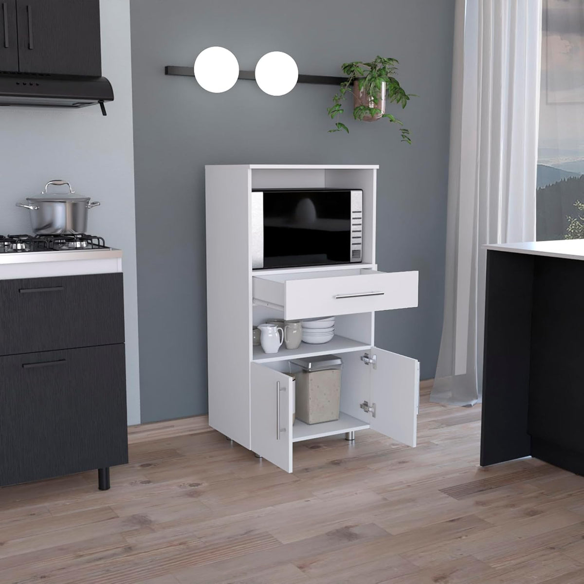 Kitchen Pantry 48" H, Two Open Storage Shelves, One for Microwave, Two Doors, Four Legs, White