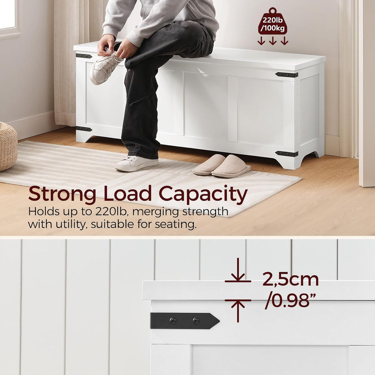 MAHANCRIS 47.2" Storage Chest Extra Large, Wooden Storage Bench with 2 Safety Hinges, Entryway Shoe Bench, 47.2x15.7x19.7 Inch, Easy Assembly, Storage Trunk for Living Room, Bedroom, White SCBW4901