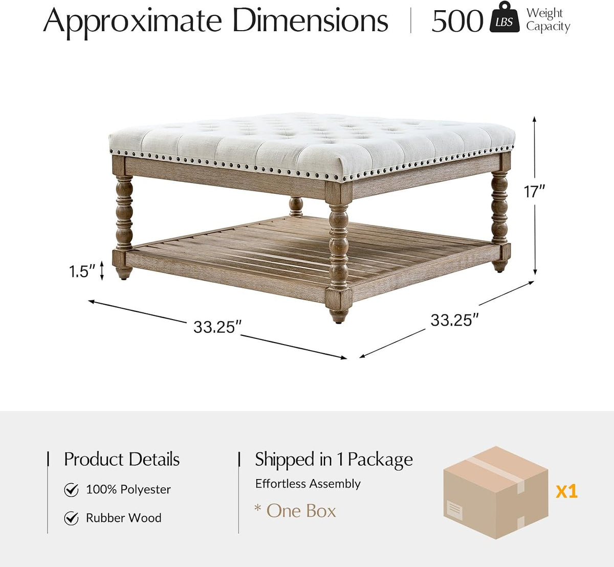 HULALA HOME Upholstered Rectangular Ottoman Coffee Table with Spindle Wooden Legs, Tufted Living Room Ottoman with Solid Wood Storage Shelf, Ivory