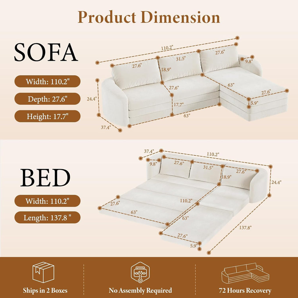Vesgantti 6 in 1 Convertible Folding Sleeper Sofa Bed, No Assembly, Beige | 110.2" L Shaped Modular Sectional Sofa, Curved Armrest, Deep Seat Couches for Living Room, Chenille, Right Facing