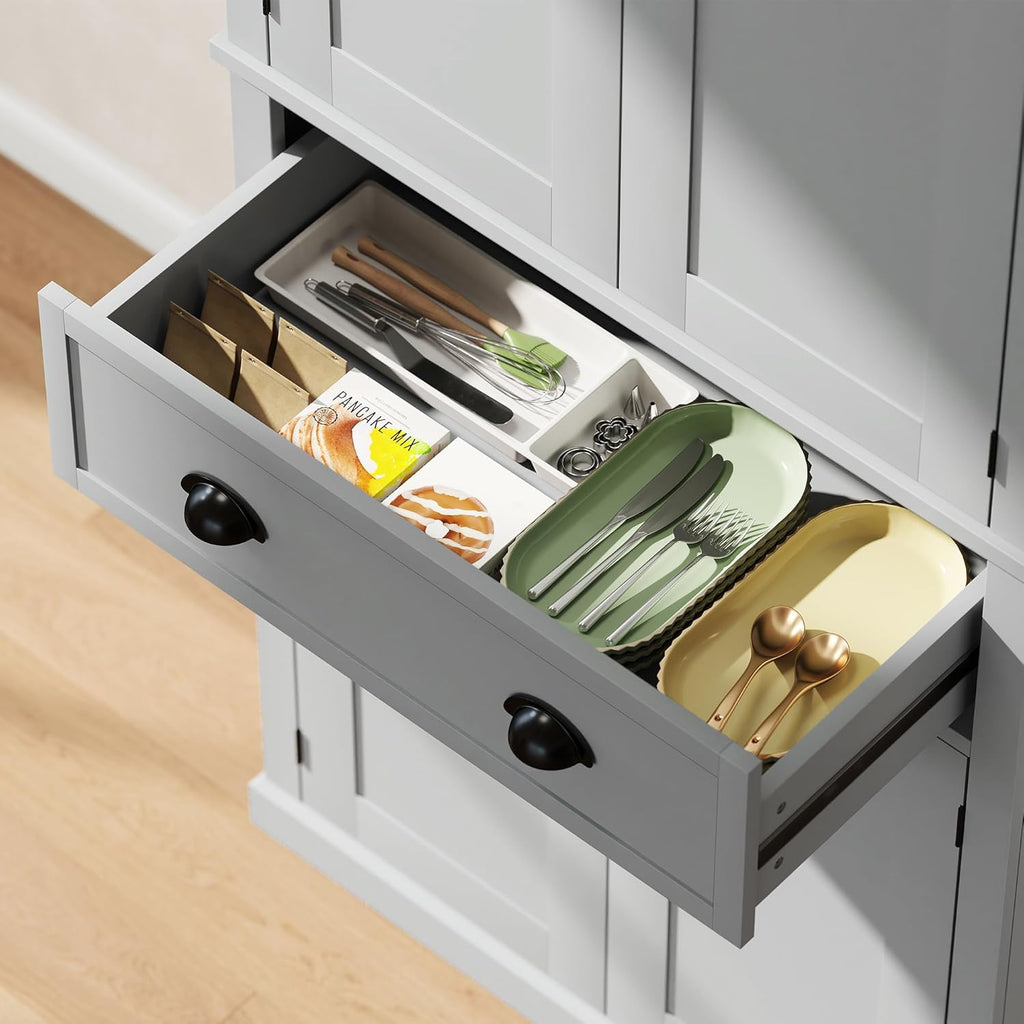 HOMCOM 72.5" Kitchen Pantry Cabinet, Traditional Freestanding Storage Cabinet with 4 Doors, Drawer and 3 Adjustable Shelves for Dining Room, Gray