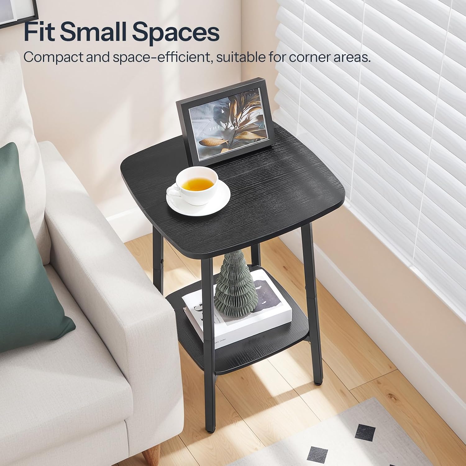 HOOBRO 2-Tier Square Side Table, Small Sofa End Table, Modern Nightstand with Storage Shelves for Small Spaces, Living Room Bedroom Accent Table, 15.7" L x 15.7" W x 24" H, Black BB181BZ01