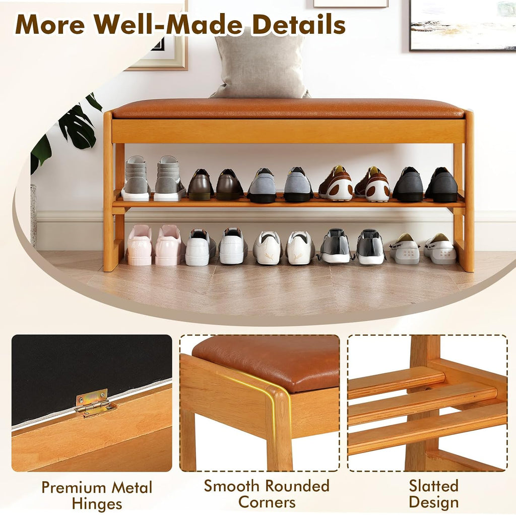 Giantex Shoe Rack Bench with Storage, Rubberwood Entryway Bench with Faux Leather Seat Cushion, Flip-Open Storage, 2-Tier Modern Shoe Rack Organizer for Entryway, Living Room, Bedroom (Brown)
