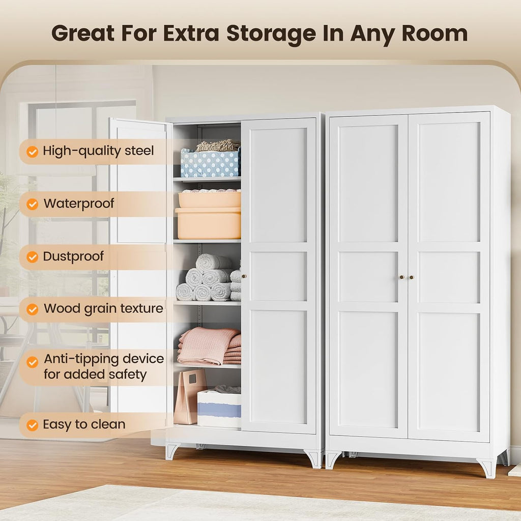 Yizosh Metal Storage Cabinet Kitchen Pantry Cabinet 4 Adjustable Shelves Kitchen Pantry Cabinet for Livingroom Pantry Bathroom Kitchen 75.6" H x 35.4" W x 17.7" D White