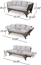Christopher Knight Home Gary Patio Convertible Couch, Wooden Outdoor Daybed, 3-Seater Acacia Wood Patio Furniture Lounge Sofa for Backyard/Poolside/Garden, Back Pillow+Removable Cushion, Grey