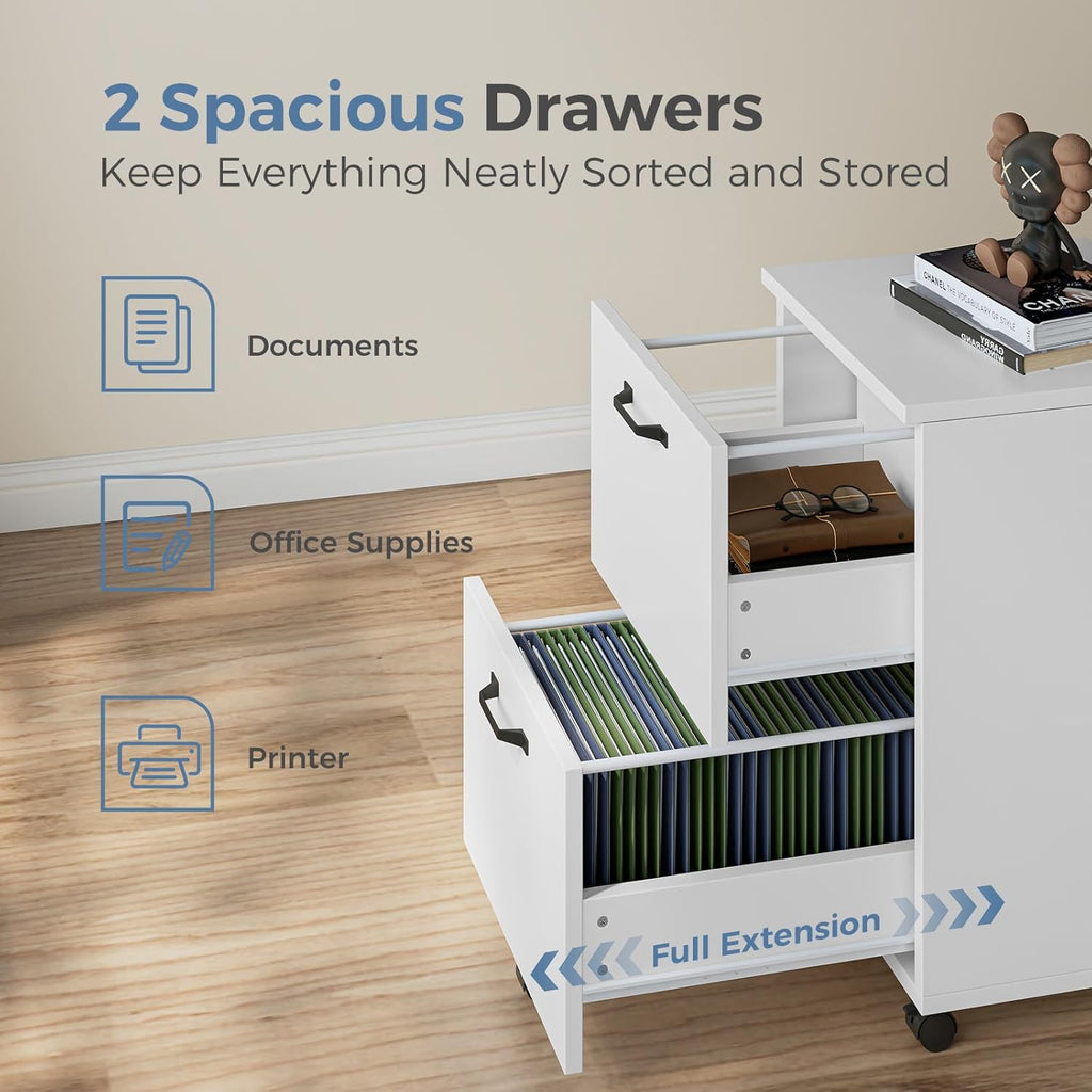 DUMOS 2 Drawer Filing Cabinet, Rolling Wood File Cabinet for Home Office, Under Desk Storage with Lockable Wheels, Printer Stand, Office Organizer, White