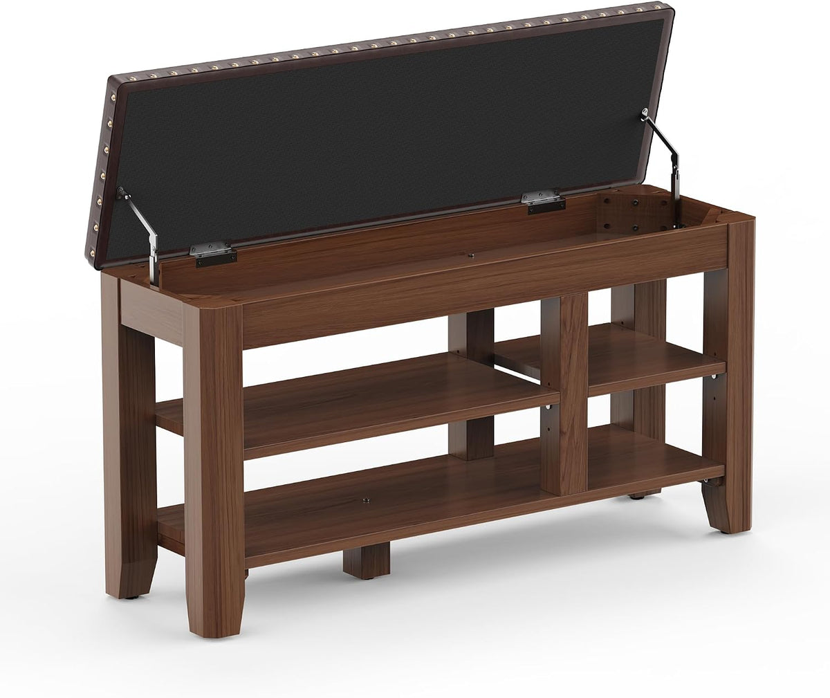 Shoe Bench for Entryway, Solid Rubberwood Shoe Bench with Hidden Storage, Adjustable 2-Tier Shelves & Soft PU Leather Seat, Shoe Rack Durable Easy Assembly for Hallway or Bedroom - Brown, 39.4"