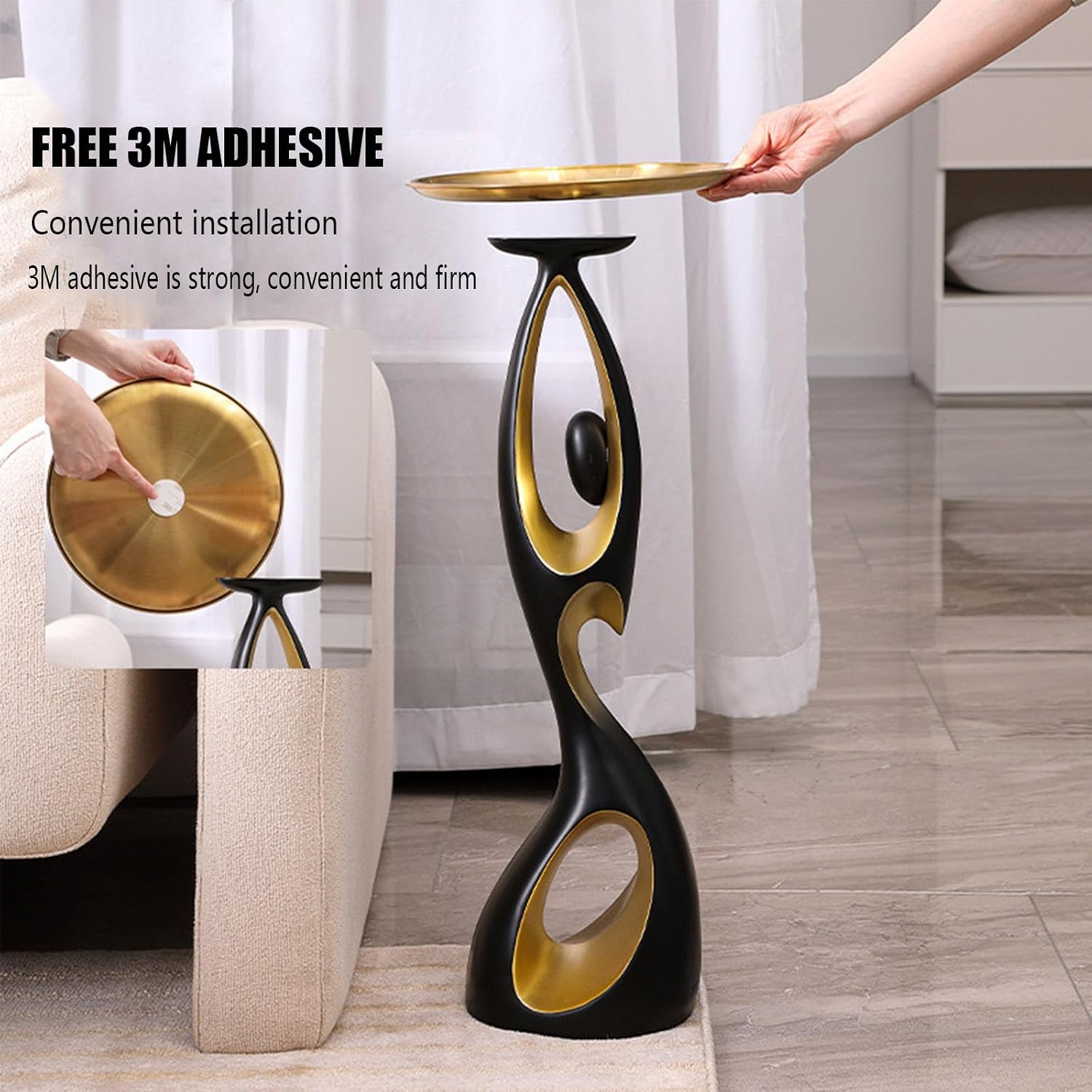 Modern Side Table with Metal Top,Resin End Table with Art Base,Round Bedside Table Coffee Table, Minimalist Accent Table,Small Space Drinking Table for Living Room Bedroom