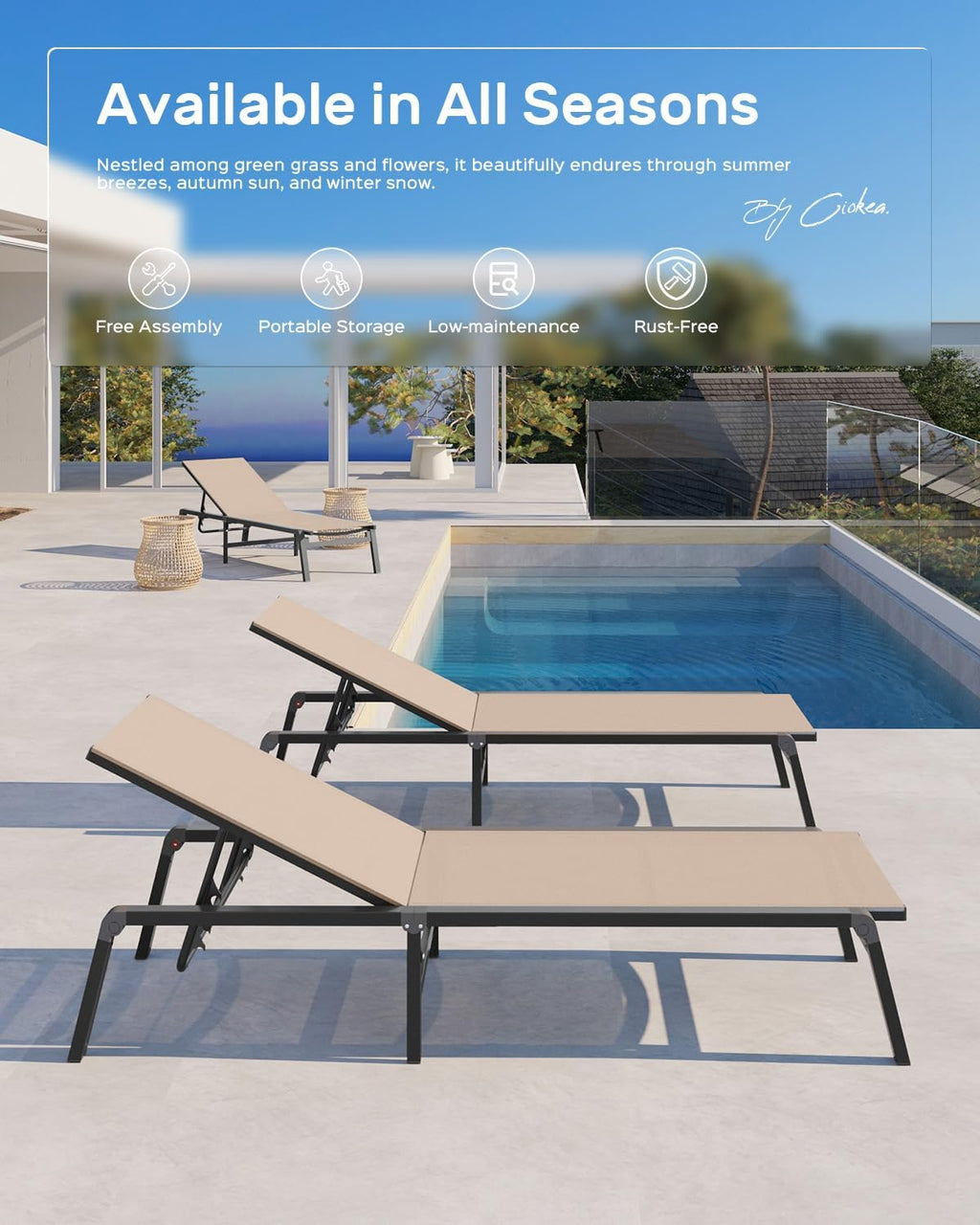 Ciokea Aluminum Chaise Lounge Ourdoor - Foldable & Assemble Free Outdoor Lounge Chair with 5 Adjustable Backrest, Patio Lounge Chair for Outside Poolside Beach Pool, Khaki