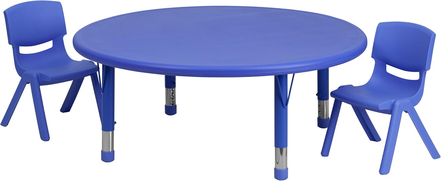 Flash Furniture 45 in Plastic Round Activity Table with 2 Chairs, Blue | Height Adjustable Table, Durable Construction, Commercial Use