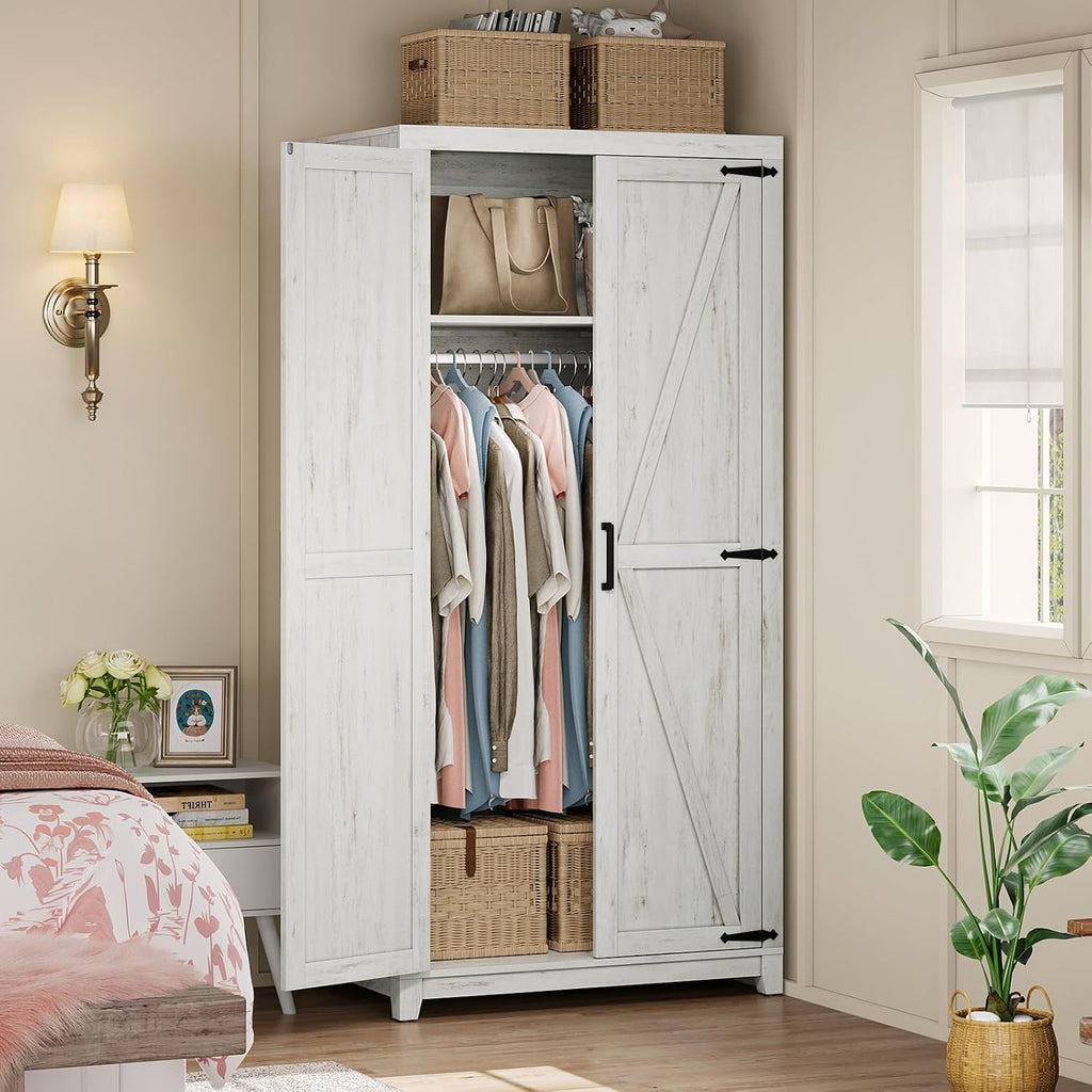 AMERLIFE 71" Farmhouse Wardrobe Closet with Hanging Rod & Barn Doors | Large Armoire Storage Cabinet, Storage Shelf, Versatile Clothing Organizer, Anti-Tip Kit, for Bedroom, White