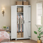 AMERLIFE 71" Farmhouse Wardrobe Closet with Hanging Rod & Barn Doors | Large Armoire Storage Cabinet, Storage Shelf, Versatile Clothing Organizer, Anti-Tip Kit, for Bedroom, White