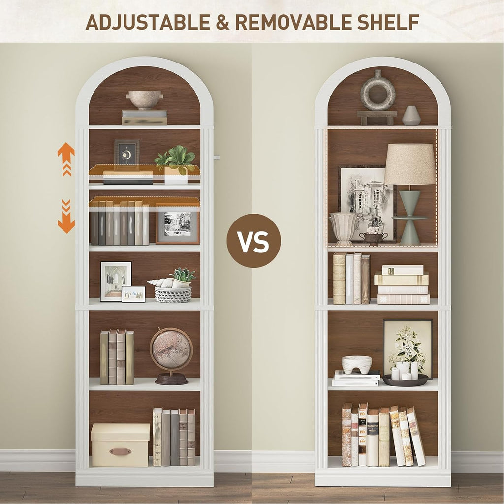 RALGEND Arched Bookshelf, 75.8" Tall Narrow Bookshelf, Arch Bookcase with Storage, 6-Tier Farmhouse Book Shelf, Wooden Arched Cabinet with Open Display Shelves, Adjustable Shelf, Walnut and White