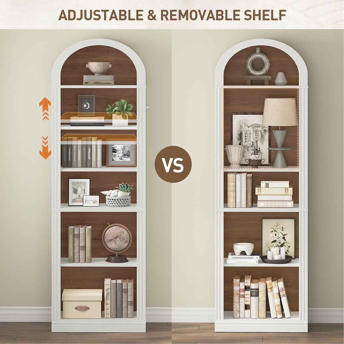 RALGEND Arched Bookshelf, 75.8" Tall Narrow Bookshelf, Arch Bookcase with Storage, 6-Tier Farmhouse Book Shelf, Wooden Arched Cabinet with Open Display Shelves, Adjustable Shelf, Walnut and White