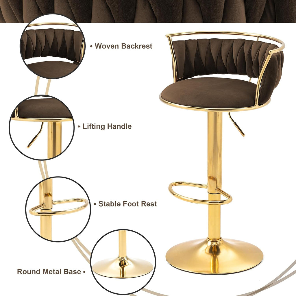 Velvet Swivel Bar Stools, Adjustable Counter Height Bar Chairs with Low Back & Footrest, Modern Gold Bar Stools for Kitchen Island, Bar Pub