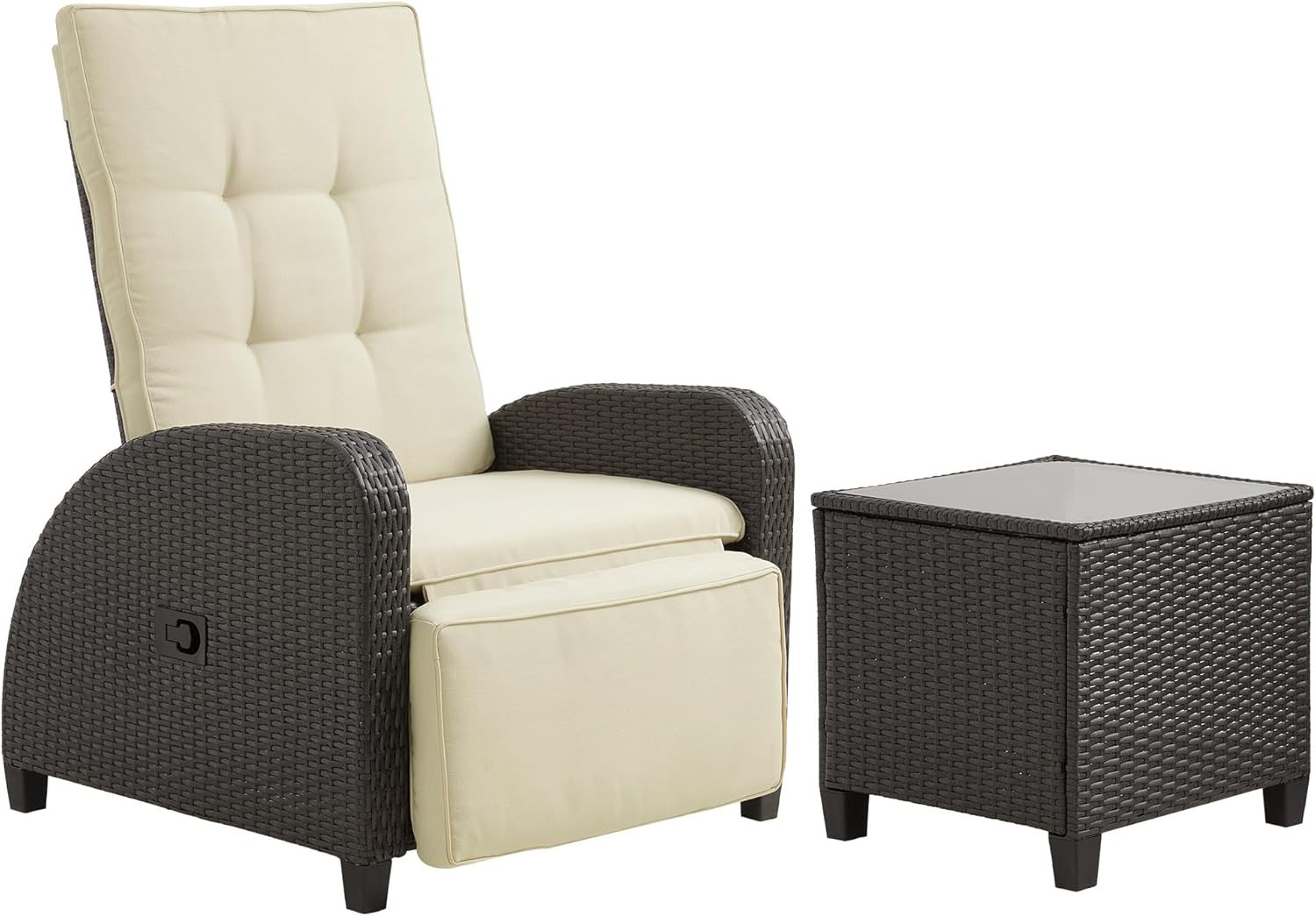 Green4ever Outdoor Patio Recliner with Adjustable Backrest and Footrest, All-Weather Wicker Patio Chair with Side Table, 160° Lay Flat Patio Reclining Lounge Chair for Garden Backyard, Beige