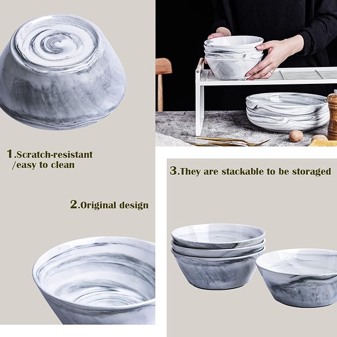 Yundu Grey Marble Ceramics Bowls Set of 4, 30 Ounces Ramen Bowl for Noodle, Salad Bowls Large Snack Bowls for Kitchen, Dishwasher & Microwave Safe