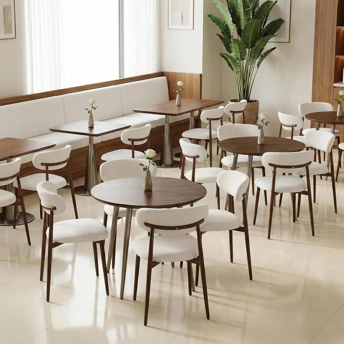 Furniliving Mid Century Modern Dining Chairs Set of 4, 300 lbs Capacity Upholstered Linen Kitchen Chairs with Walnut Grain Metal Legs and Ergonomic Curved Back, Beige