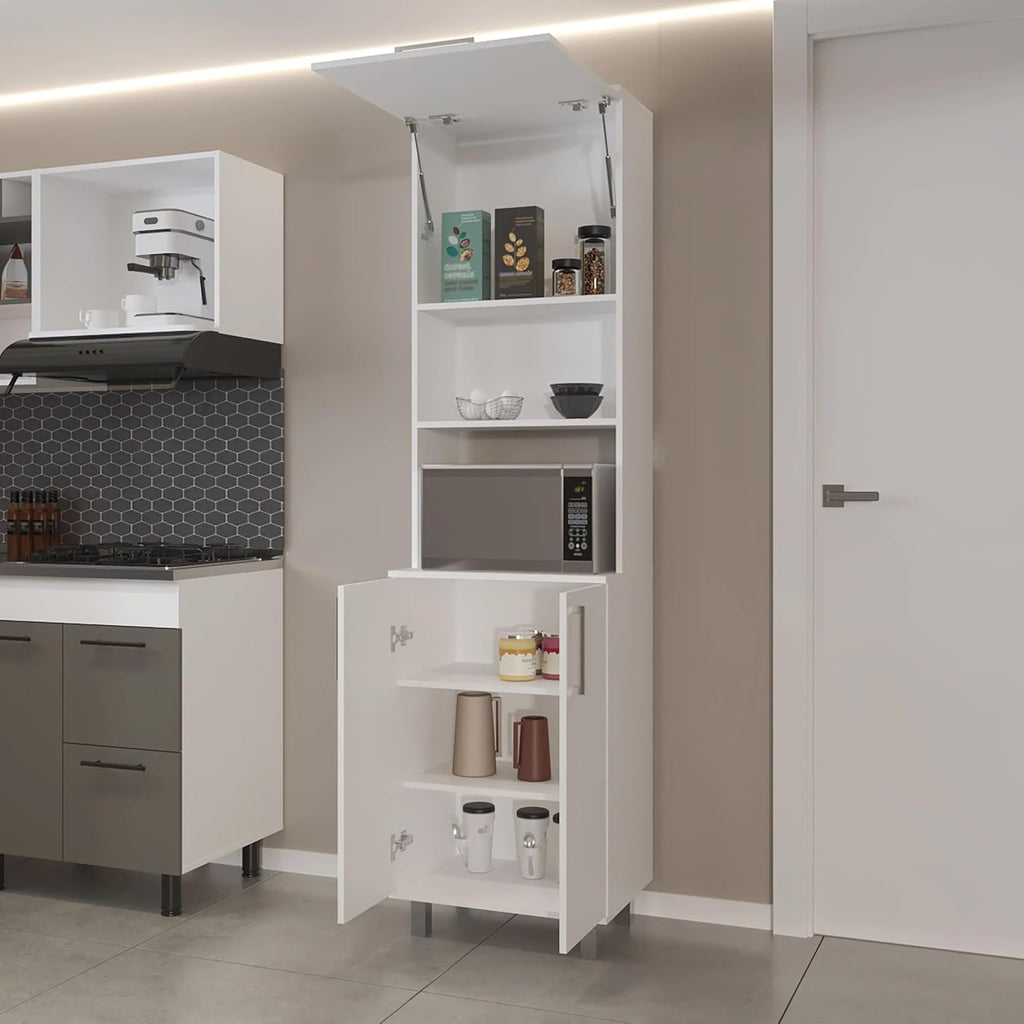 White Kitchen Pantry with 2 Pneumatic Door and Open Storage