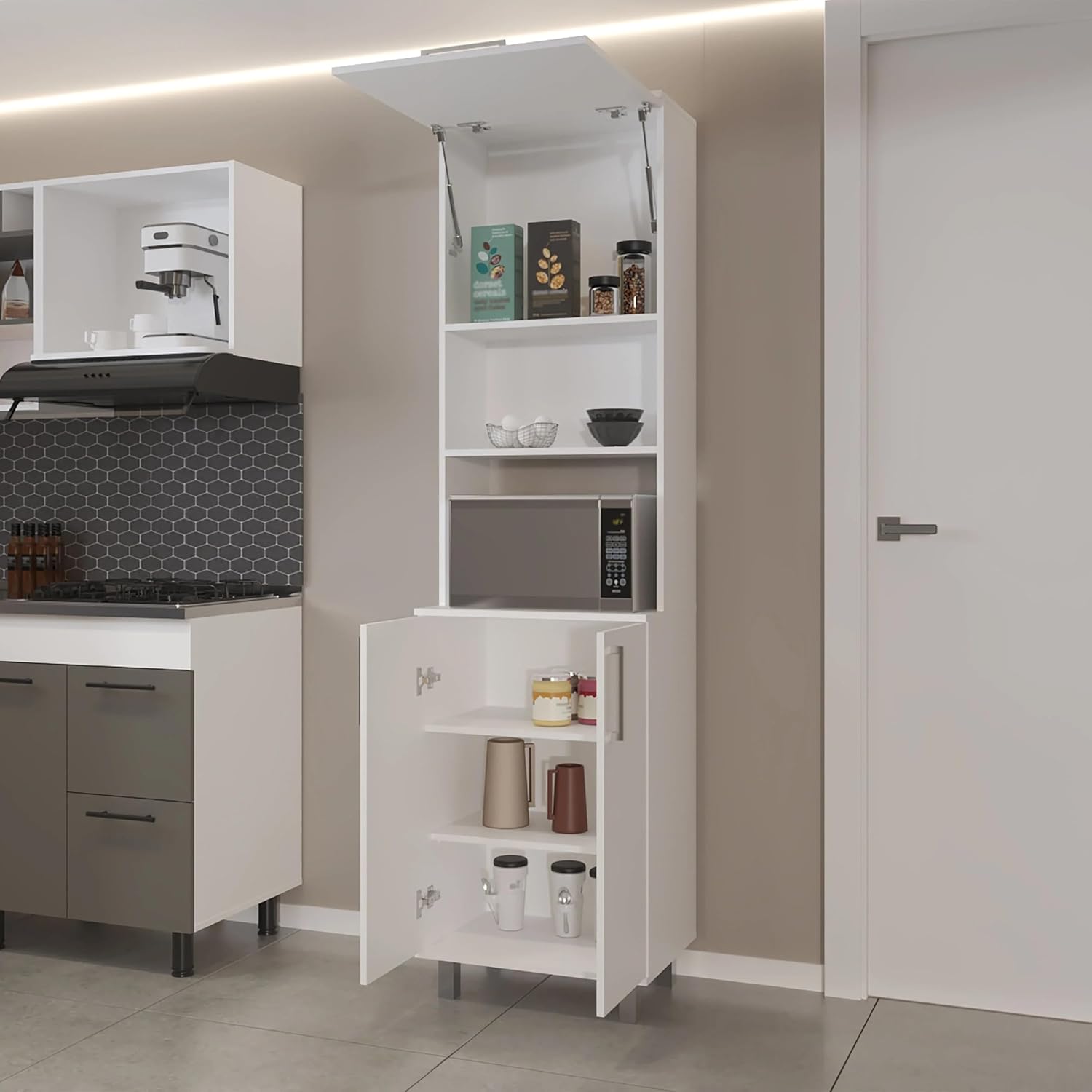 White Kitchen Pantry with 2 Pneumatic Door and Open Storage