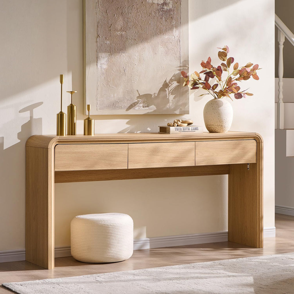 Aitjunz 63'' Console Table with 3 Drawers, Modern Entryway Table with Curved Profile Design, Narrow Long Wood Sofa Table Behind Couch Table for Living Room, Hallway, Foyer, Natural