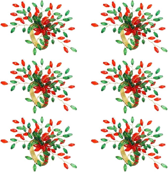 Handcrafted Beaded Napkin Rings Set of 6 – Red & Green Crystal Flower Design, Elegant Table Décor for Christmas, Weddings & Dinner Parties