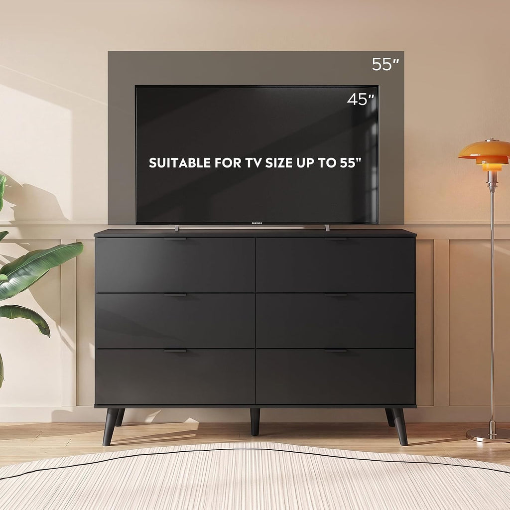 6-Drawer Moden TV Stand | Tall TV Console with Sturdy Metal Handles for Living Room，Black