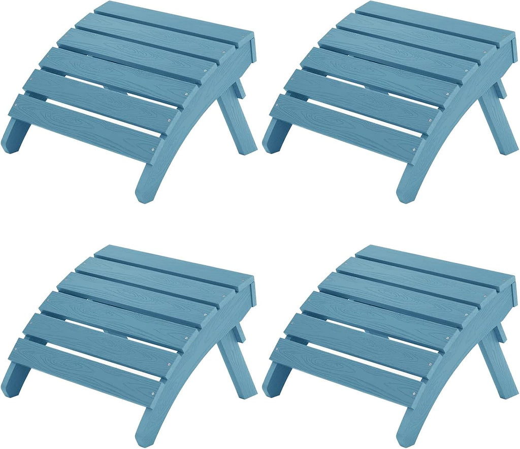 MXIMU Folding Adirondack Ottoman Set of 4: HIPS Plastic Outdoor Footrest Easy Assembly - All Weather Foot Stool Foot Rest for Adirondack Chair Use in Patio Garden Backyard Pool (Blue)