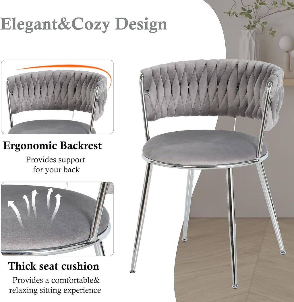 Modern Minimalism Circle Dining Table Set of 4, 36'' Round Tempered Glass Table Top with Silver Base & 4 Grey Silver Velvet Dining Chairs, 5-Piece Dining Room Table Set (Easy Assembly)