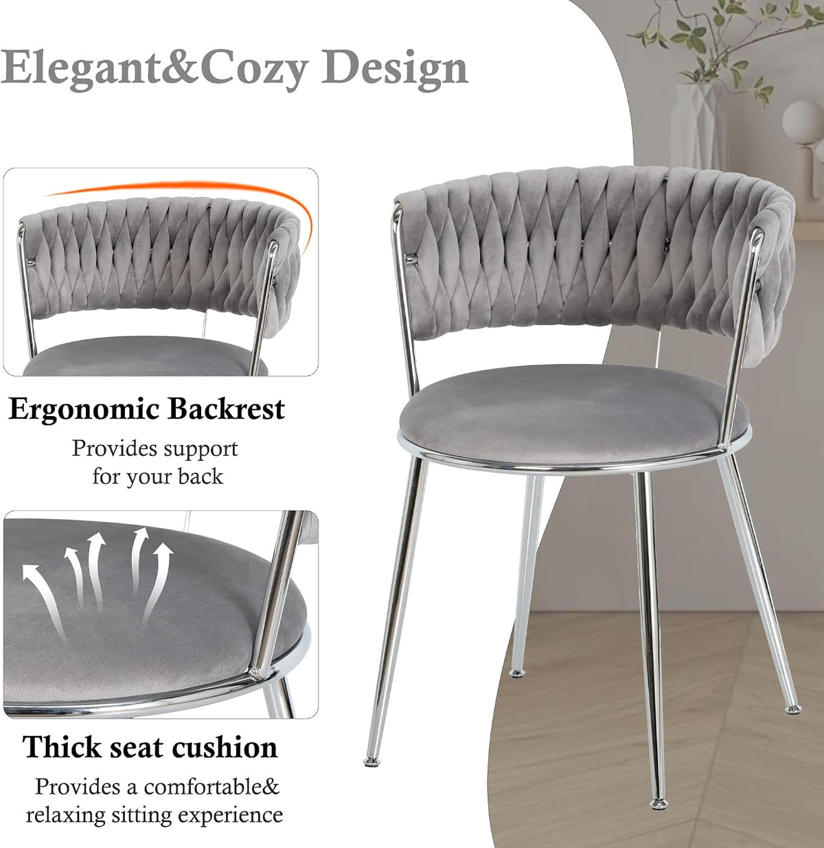 Modern Minimalism Circle Dining Table Set of 4, 36'' Round Tempered Glass Table Top with Silver Base & 4 Grey Silver Velvet Dining Chairs, 5-Piece Dining Room Table Set (Easy Assembly)