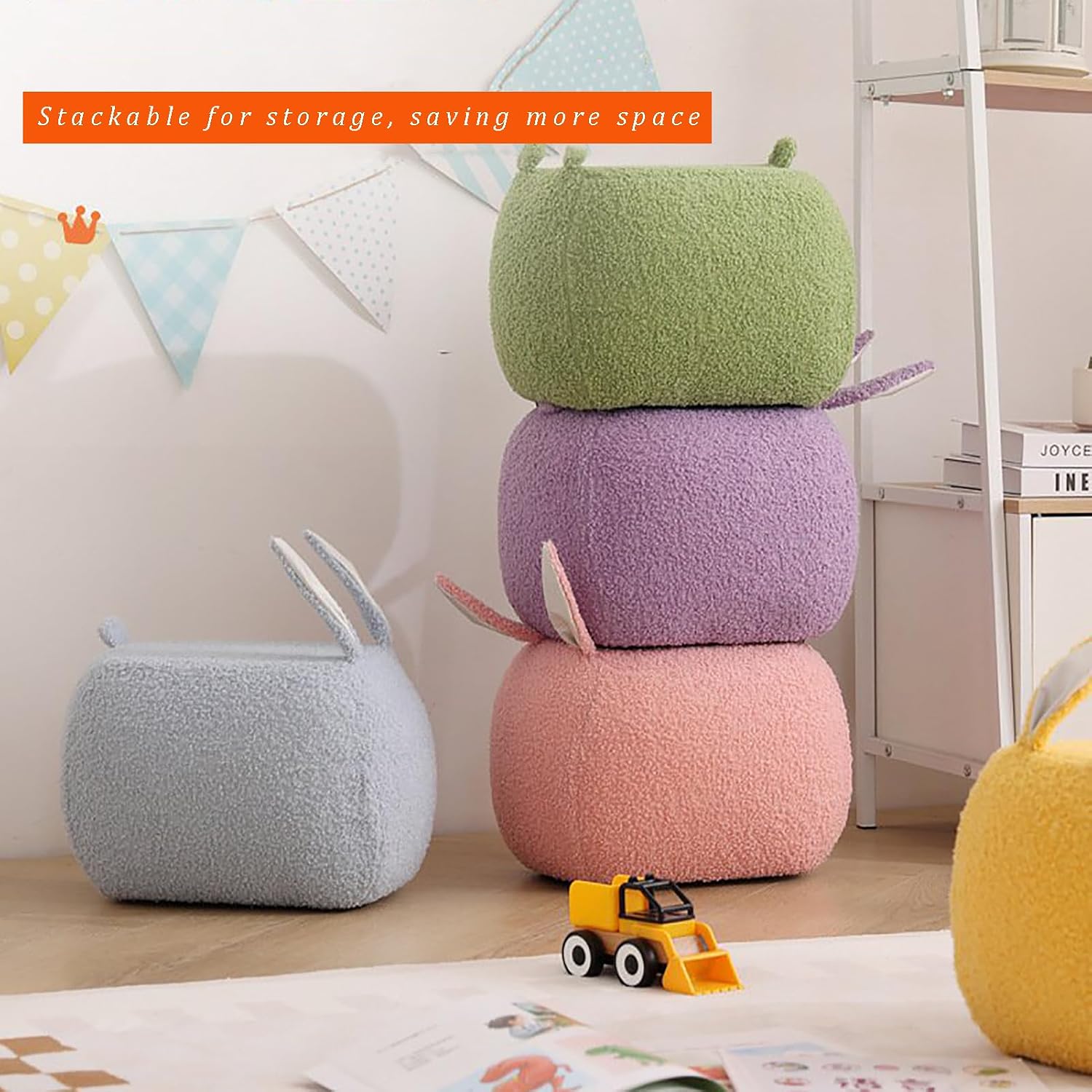 Teddy Fleece Pouf Ottoman, Rabbit Shaped Footstool Upholstered Sofa Foot Rest with Solid Wood Frame, Entrance Changing Shoes Home Decoration for Living Room Bedroom(23x35x23cm(9x14x9), Blue)