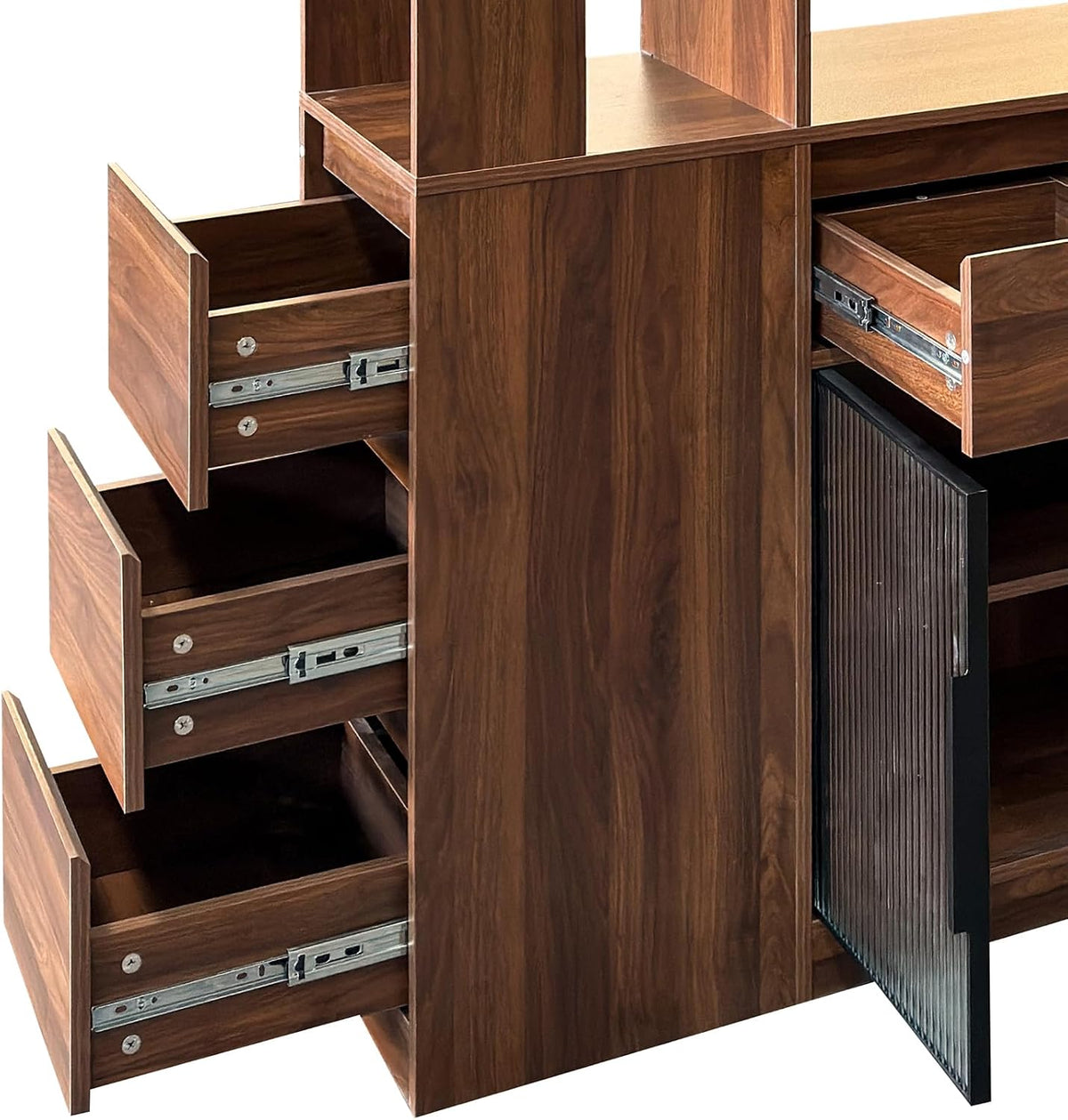 JOYSOURCE Tall Kitchen Hutch Cabinet with Side-Access Shelves & Drawer Freestanding Pantry Cabinet Large with Glass Door Cupboard for Kitchen, Dining Room with Microwave Countertop Walnut Finish
