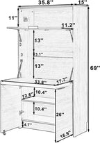 Farmhouse Pantry Cabinet with Foldable Workstation, 69" Tall Buffet with Hutch and Storage, Multifunctional Kitchen Cabinet with Adjustable Shelf and Power Outlet for Dining Room (Natural)