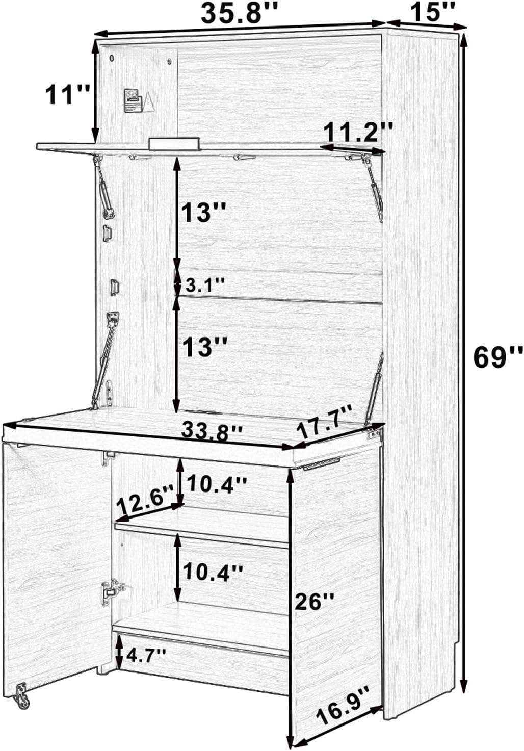 Farmhouse Pantry Cabinet with Foldable Workstation, 69" Tall Buffet with Hutch and Storage, Multifunctional Kitchen Cabinet with Adjustable Shelf and Power Outlet for Dining Room (Natural)