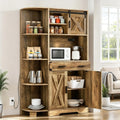 DWVO Kitchen Pantry Cabinet with Power Outlet, 67" Tall Farmhouse Pantry Storage Cabinet with Barn Doors, Drawer & Microwave Stand, Freestanding Hutch for Kitchen & Dining Room, Rustic Brown