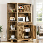 DWVO Kitchen Pantry Cabinet with Power Outlet, 67" Tall Farmhouse Pantry Storage Cabinet with Barn Doors, Drawer & Microwave Stand, Freestanding Hutch for Kitchen & Dining Room, Rustic Brown