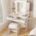 Vabches Vanity Desk with Mirror and Lights,Makeup Vanity Table with Charging Station,Vanity Set with 2 Drawers & Lots Storage Space,3 Lighting Modes Adjustable Brightness,White