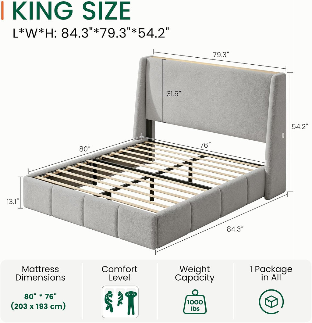 LARMACE King Size Bed Frame 54.2" Extra Tall Wingback Headboard, Lambswool Upholstered Platform Bed with Legs Featuring Built-in Charging Ports, Wood Slats, No Box Spring Needed,Light Grey