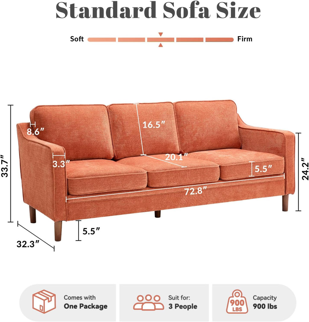 Kingfun 80" Chenille Sofa, 3 Seater Couch, Mid Century Modern Couches with Solid Wood Legs for Living Room & Bedroom, Orange