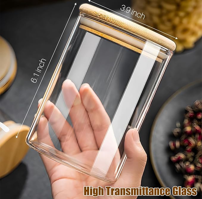 33 oz Glass Food Storage Jars with Airtight Lids, Clear Glass Jar with Bamboo Lid, Airtight Food Canister for Tea, Candy, Coffee, Sugar, Cookie, Snack. (Round | 5+6 Inch)