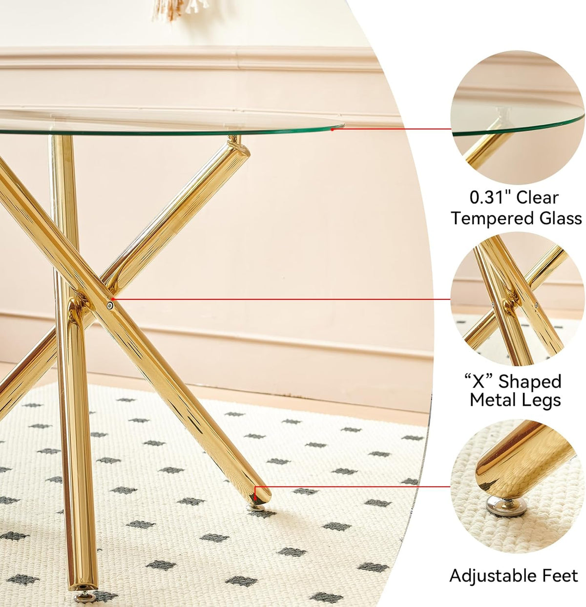 36" Luxury Gold Glass Dining Room Table Set for 4, 5-Piece Round Kitchen Dining Table Set with Cross Metal Legs and 4 Black Velvet Upholstered Chairs, Glass Kitchen Table & Chairs Set