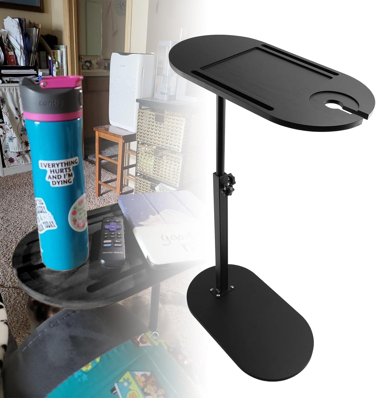 Adjustable TV Tray Table Side Table Tray for Small Spaces, Sofa Arms Bamboo Height Adjustable Bed or Chair, Living Room, Bedroom TV Tray Table with Phone and Tablet Slots(Black)
