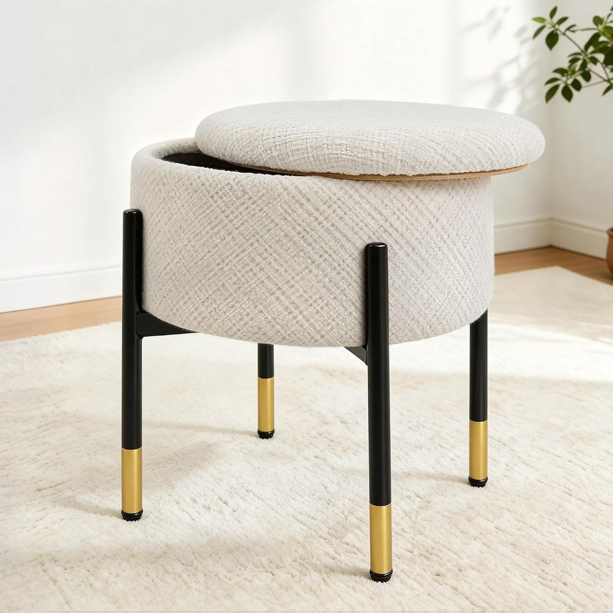 CAROLMADE Round Ottoman with Storage, Velvet Makeup Vanity Stool, Small Ottoman Foot Stool with Coffee Table and Metal Legs for Living Room, Bedroom and Dorm, Beige