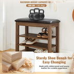 24" Short Entryway Shoe Storage Bench with Cushion, Height Adjustable 3-Tier Rubberwood Shoe Rack with Hidden Compartment, Brown Wood Shoe Organizer for Small Spaces